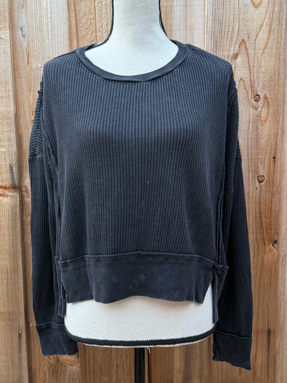 Women's Washed Black Waffle-Knit Long Sleeve Top